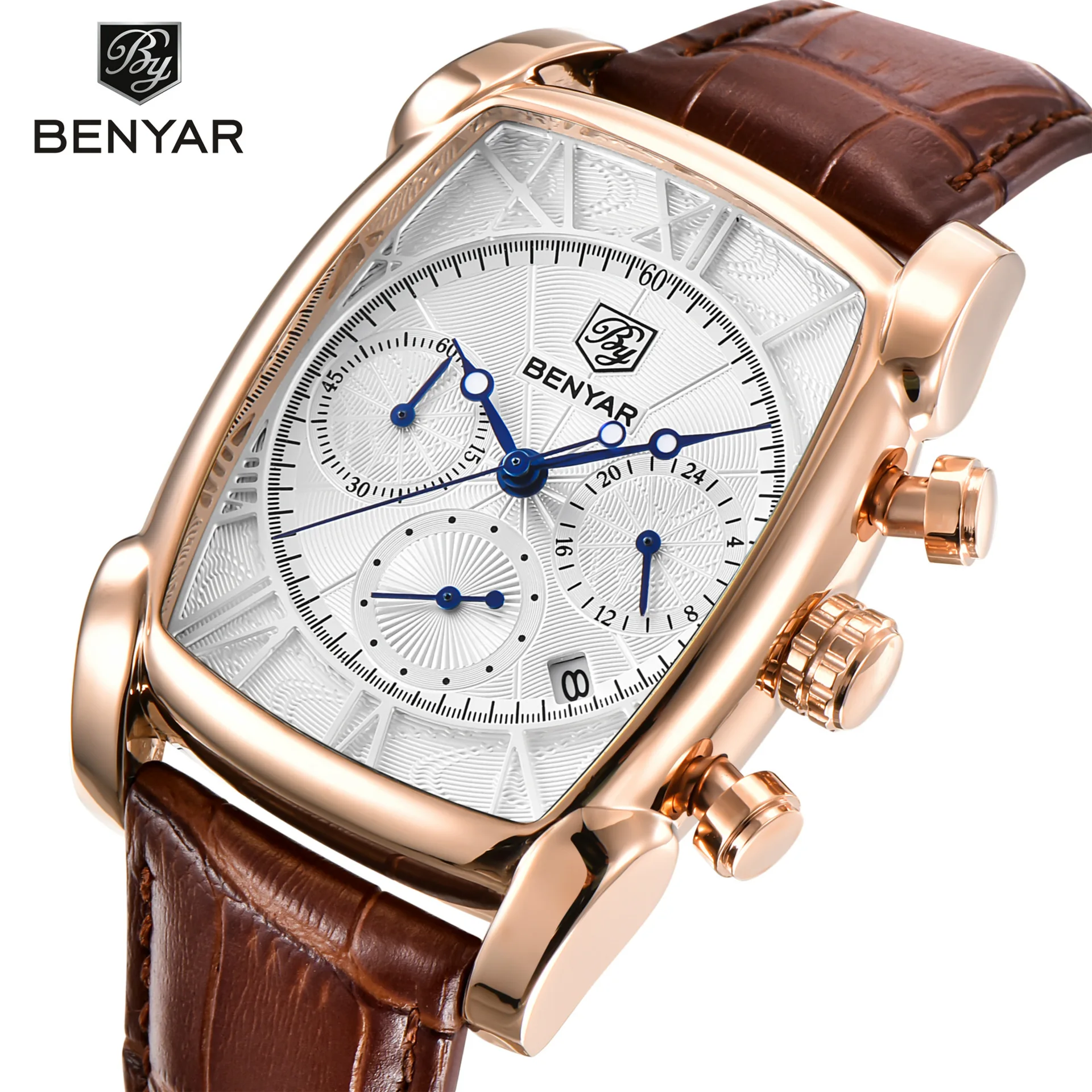 

Benyar 5113 latest rose gold man quartz watch buy Genuine Leather band Waterproof square auto date business wrist watch