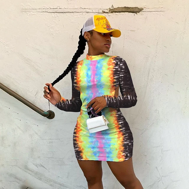 

Spring 2021 Lounge Wear Women Printed Dresses Novelty Printing Long Sleeve Backless Dress -ZR, Multicolor
