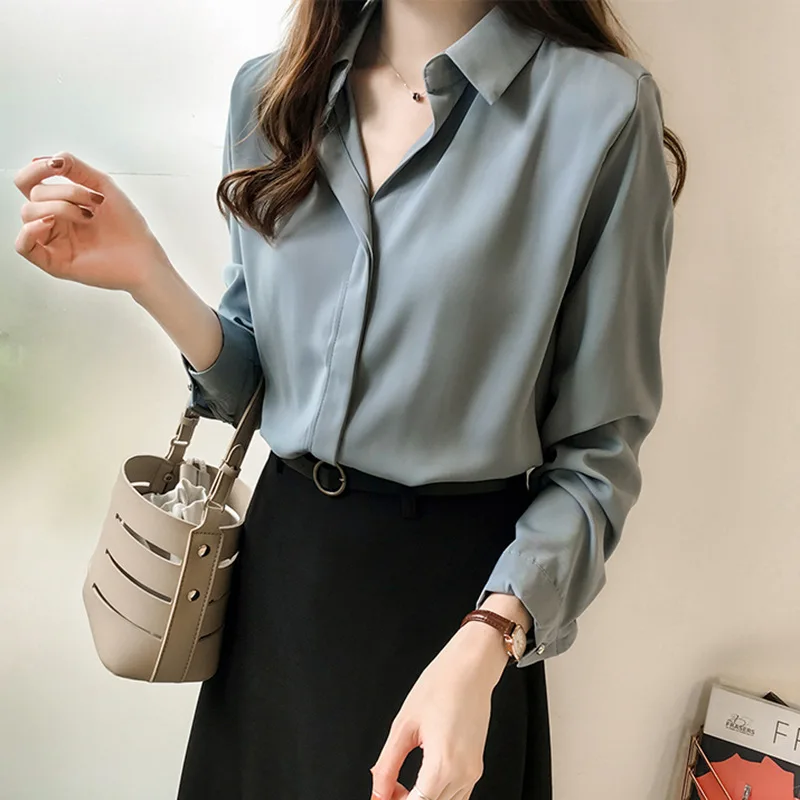 

XQM Fashion Blouses Solid Plus Size Female Clothes Loose Shirt Long Sleeve Blouse Solid Color Chiffon Shirt