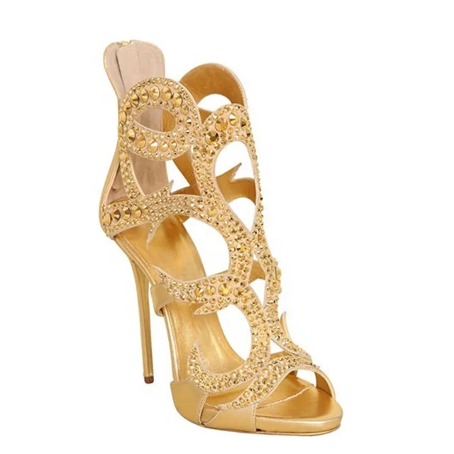 

Sexy Luxury Stiletto Sandals Banquet Party Fashion Shoes Champagne Color Rhinestone Women's Height-Increasing Shoes