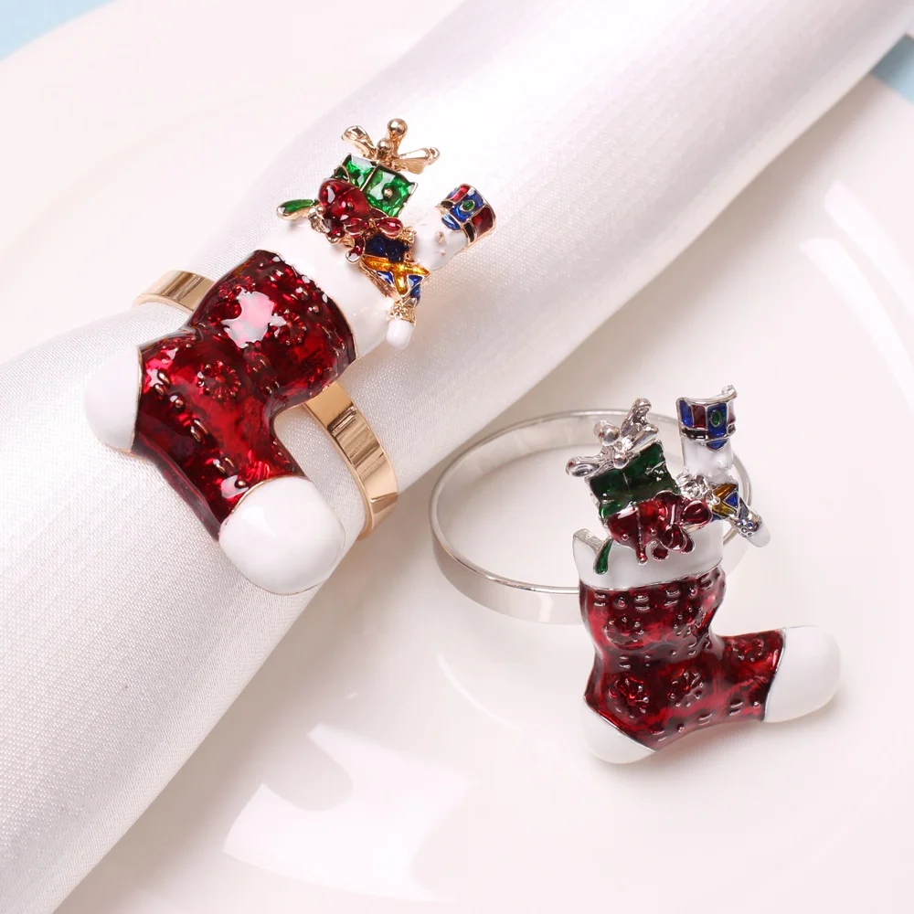 

Christmas Stockings With Candy Gifts Colored Painted Napkin Ring For Thanksgiving Festival Table Decoration, Gold, silver