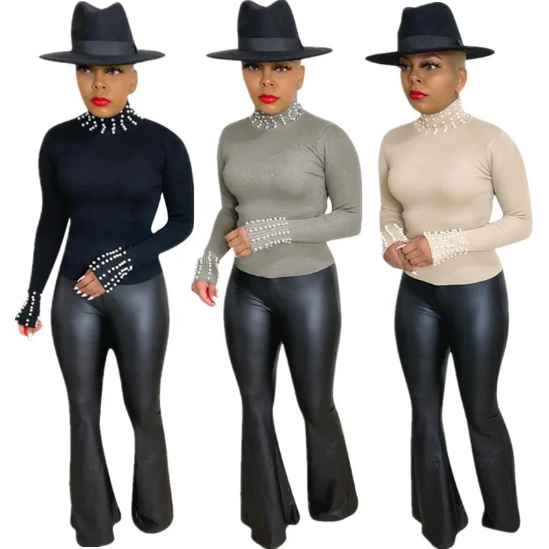 

Good Price Turtleneck Womens Winter Clothing Fashion Elegant Beading Long Sleeve T Shirt Women Sweatshirt Tops, Shown