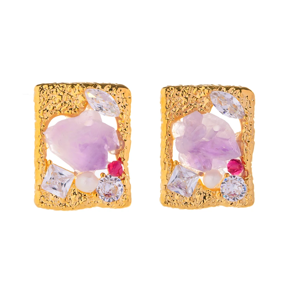 

French 18K Gold Plated Brass Zircon Pearl Texture Square Purple Stone Stud Earring for Girls