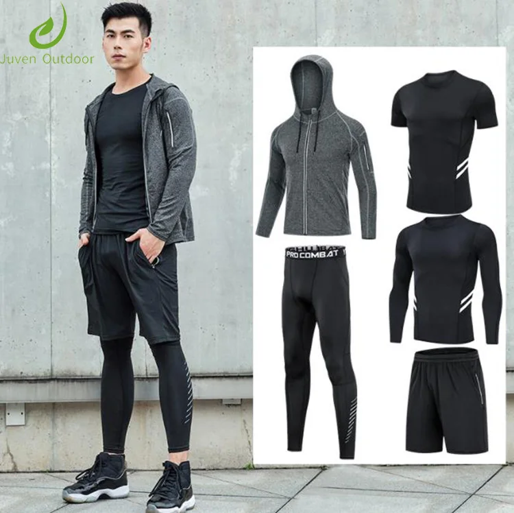 

Wholesale Custom Breathable Quick Dry Gym Running Fitness Five Piece Suit Men Sports Set, Customized colors