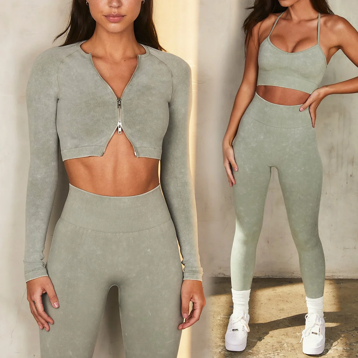 

seamless yoga set women sportswear 5/2 pieces long sleeved women acid washed yoga sets sport gym sets