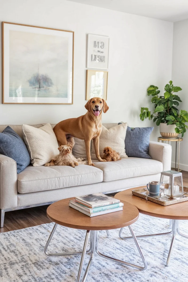 Joybird Nova Leather Sofa in espresso brown with a senior golden retriever resting on it in a rustic farmhouse-style living room.