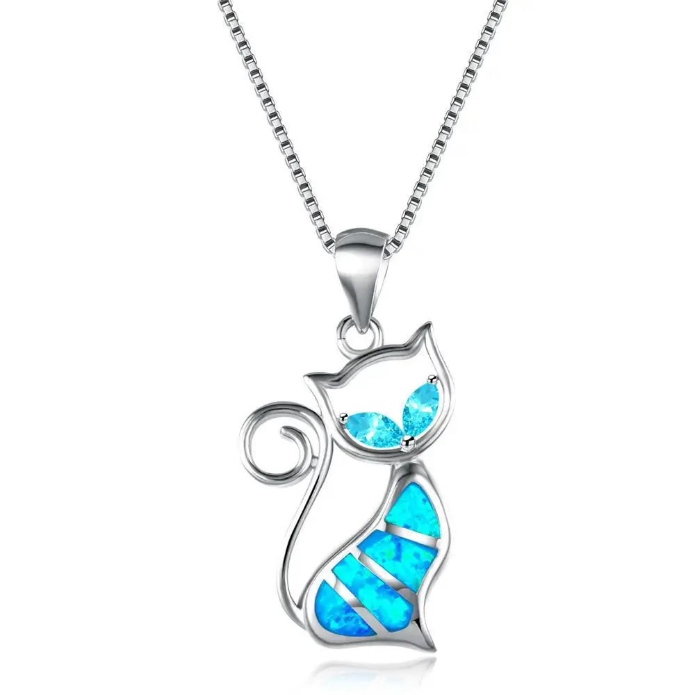 

Artilady Fashion Cute Cat Pendant Blue Opal Necklace Animal Trendy Gift For Women Wedding Party Accessories Jewelry