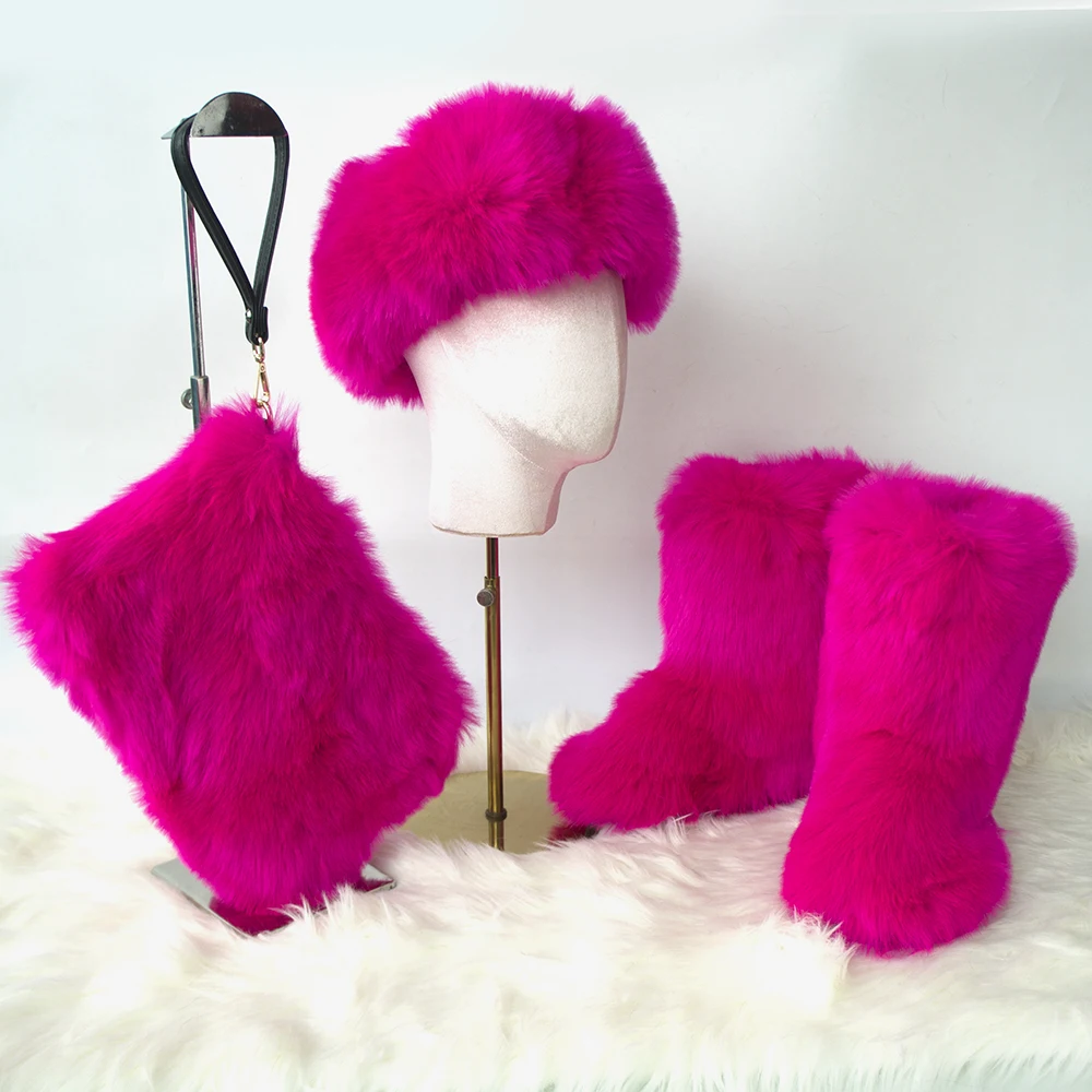 

2020 Wholesale winter autumn fluffy fur boots sets lady adult kid handbag purse and headbands for woman ready to ship, Solid color& rainbow color