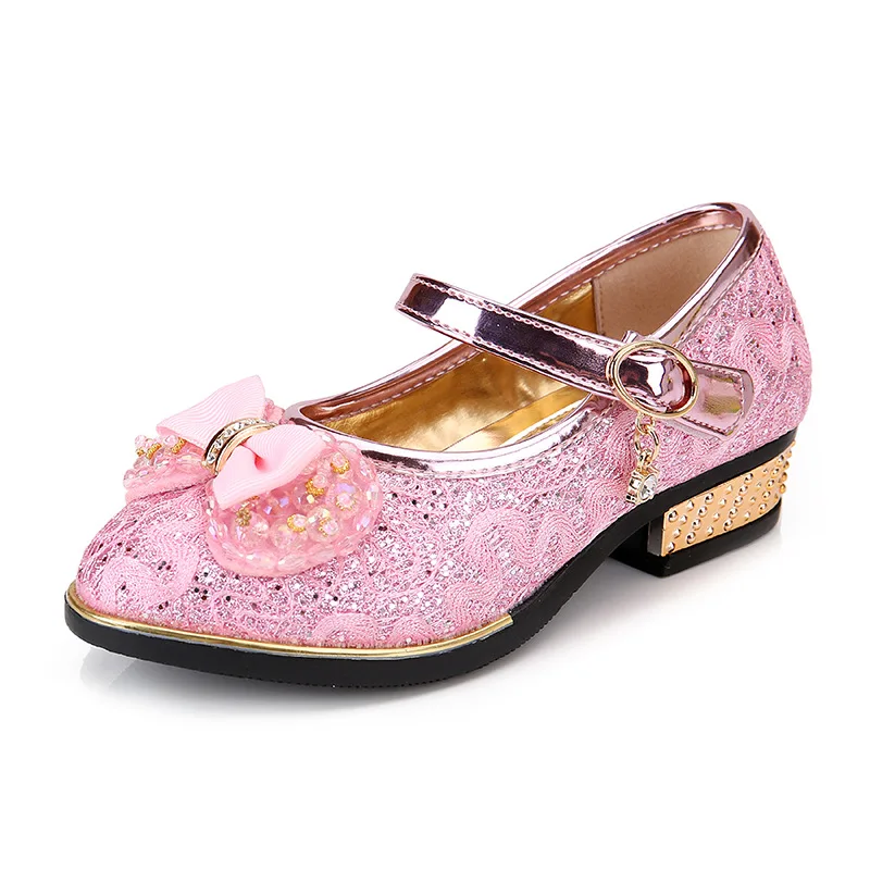 

Princess Middle Children Casual Shoes For Girls Kids Fashion Little High Heel Shoes With Bow 2021 New Style, Gold pink