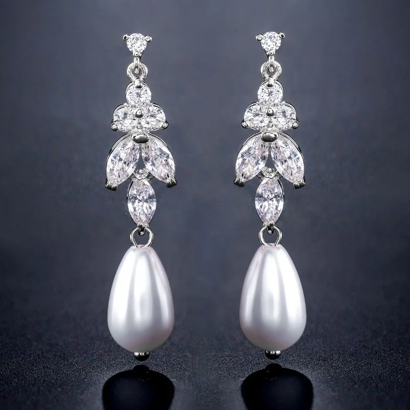 

RAKOL EP2522 Dangle silver stud earrings pearl and leaf cubic zirconia earrings jewelry, Picture shows