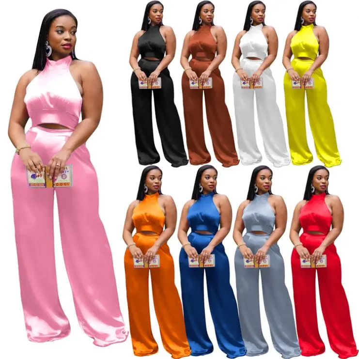 

Womens Crop Top And Wide Leg Pants Two Piece Casual Pants Sets Set Women Clothing Custom Logo Two Piece Woman Clothing Set