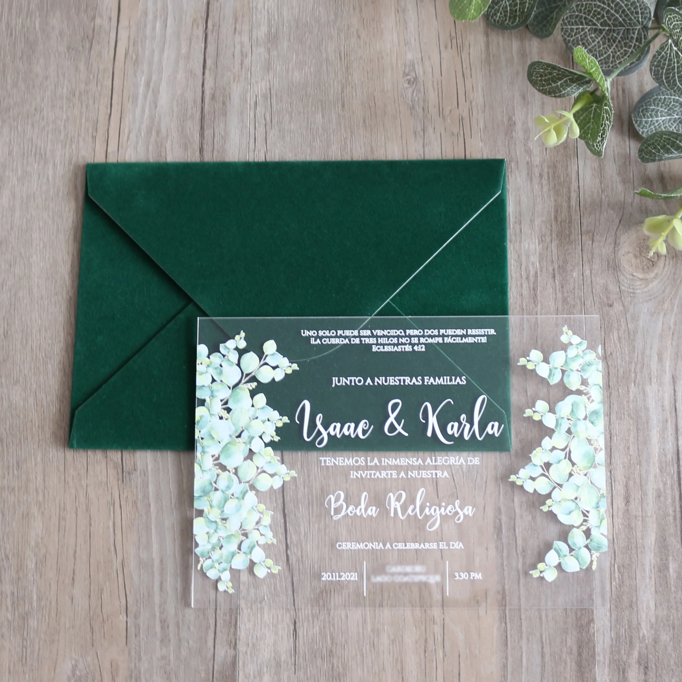 

Green Elegant Acrylic Wedding Invitation Card With Velvet Envelope Customizable Wedding Card