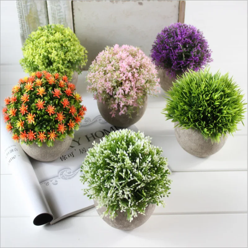 

Wholesale Indoor Artificial Plastic Realistic Green Plant Flowers Ball Home Stand Pots Mini Plants Decoration With Gray Pot, Green color