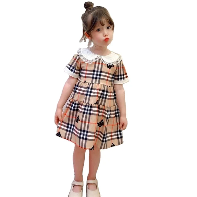 

New fashion 2021 summer girls plaid dress shorts sleeve Doll collar girls dresses baby clothing free shipping's item for kids