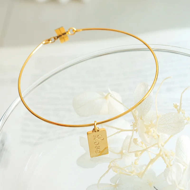 Dainty unique stainless steel baguette love charms bangles bracelet 18k gold magnetic bracelets pulsera de acero inoxidable