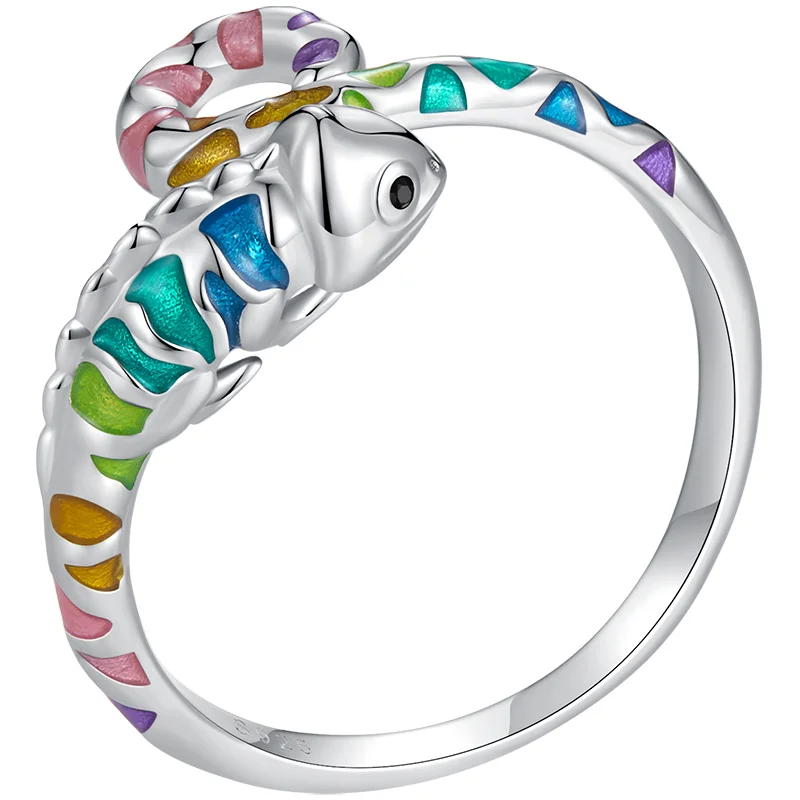 Hot Selling New Colorful Chameleon Animal Design Open Ring Personalized Fashion S925 Sterling Silver Ring Fit to Women