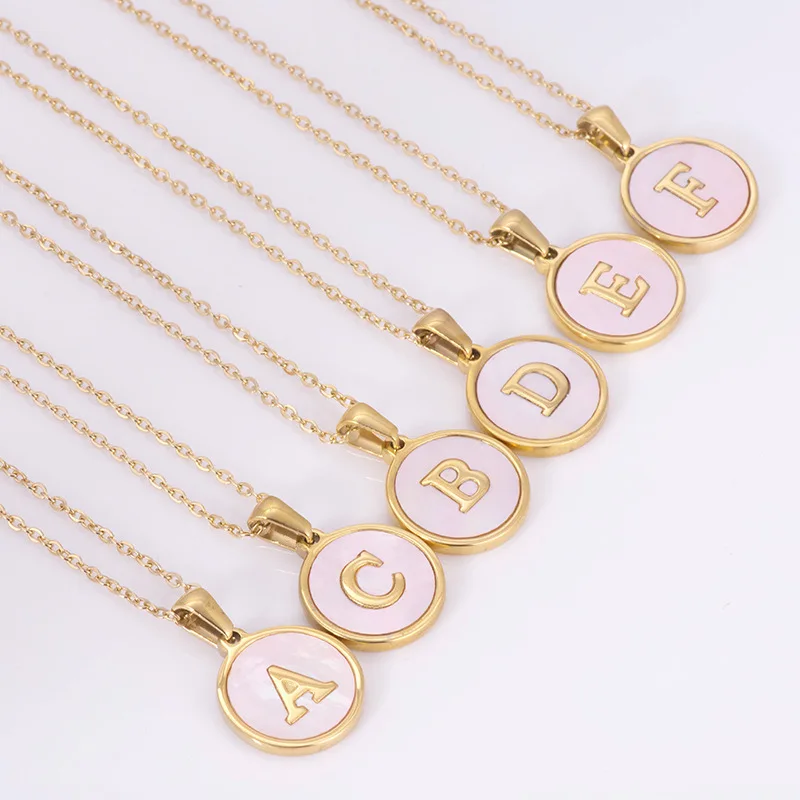 

26 Initial Alphabet Letter Pink Shell Round Pendant Necklaces For Women Jewelry 18K Gold Plated Stainless Steel Necklace