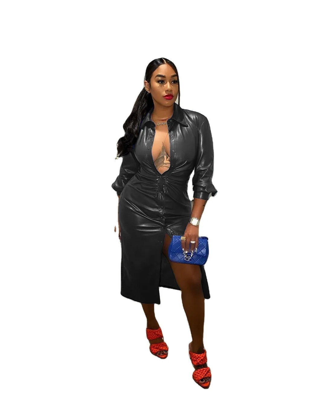 

Women New Stylish Long Sleeves Buttons Turn Down Collar long PU leather coats for ladies