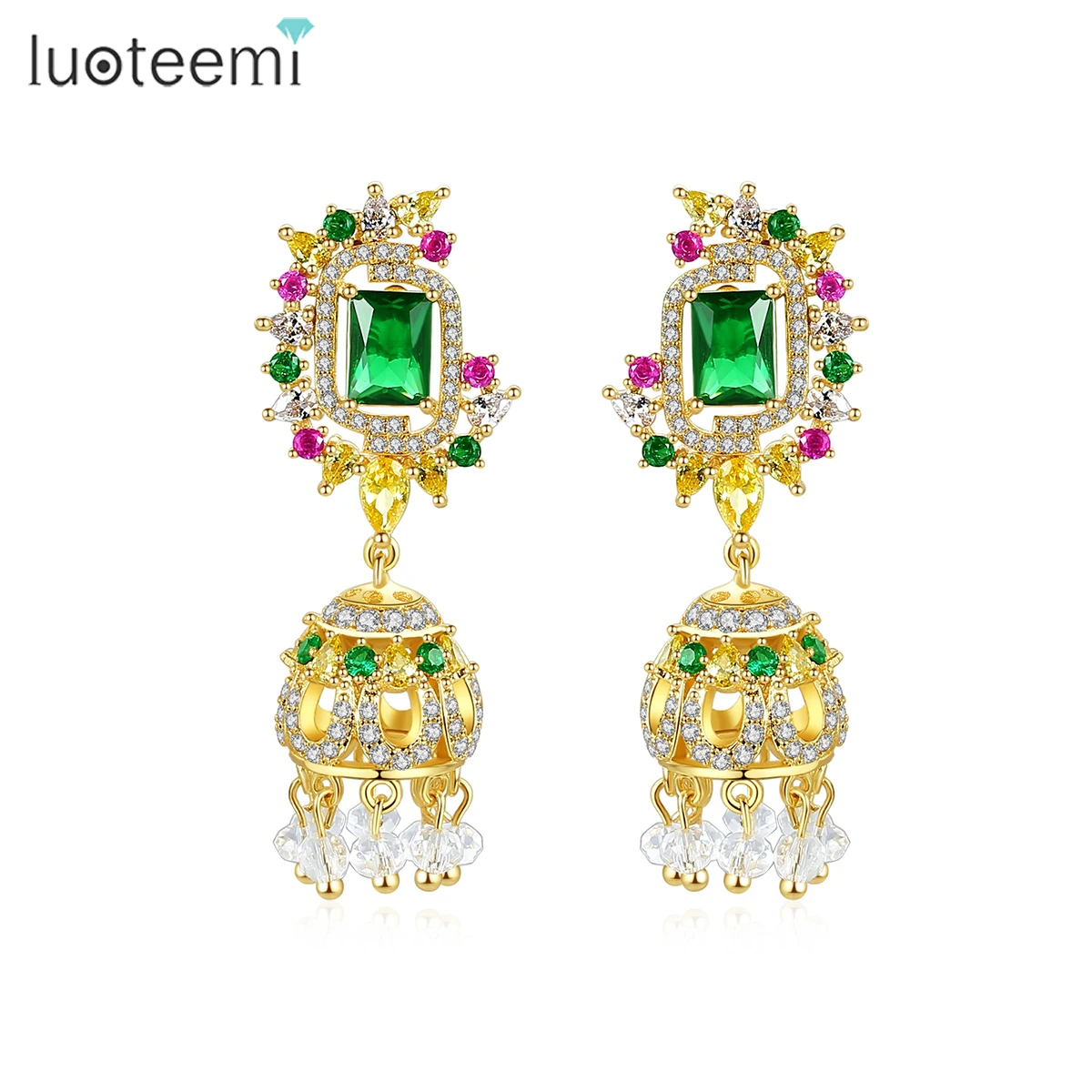 

LUOTEEMI India Style Gorgeous Multiple Color Gemstone 3A Cubic Zircon Pendant Earrings for Women Wholesale