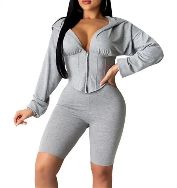 

2021 New Molde Hoodie Sexy V Neck Long Sleeve Short Women Sports Pants Set