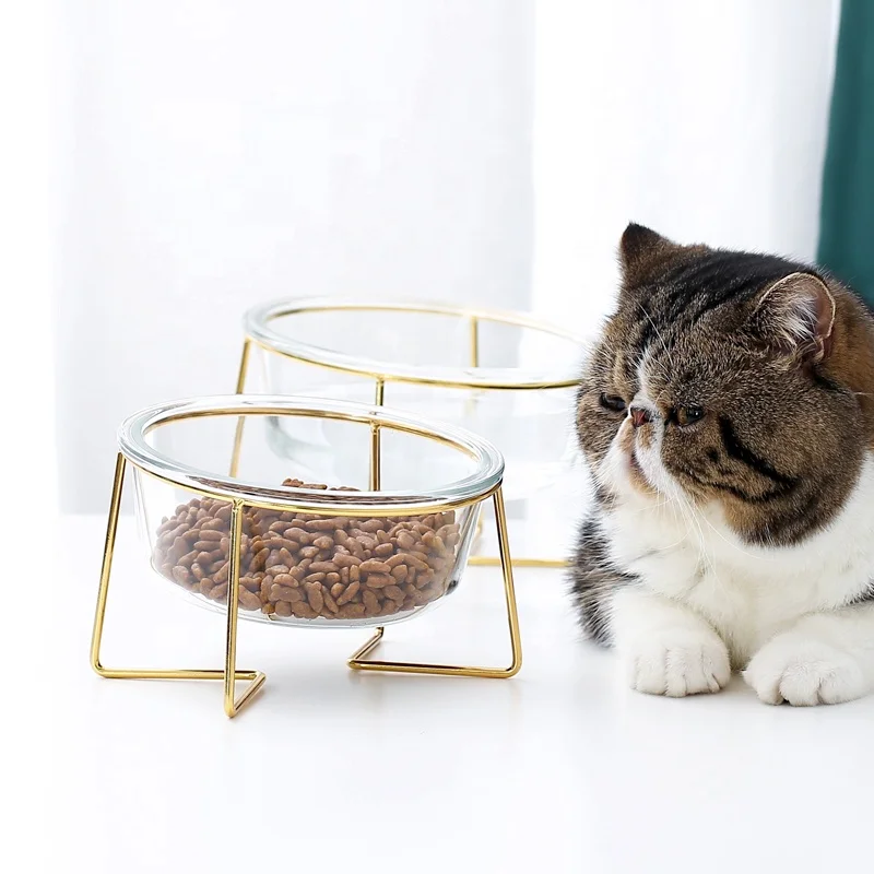 

Hot selling Customized Pet Food Feeder Glass Bowl Pet Cat Dog Bowl With Stainless Steel Stand