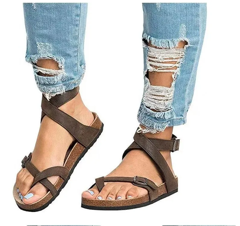 

2021 summer new style flat cork sandals belt buckle large size all over toe women's shoes genuinde leather cork sandals, 3 colors