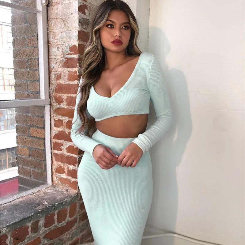 

Fashion Ribbed V Neck Long Sleeve Top Two Piece Skirt Set Two Piece Women Fall Sets Custom Two Piece Set Women Clothing, Mint/white