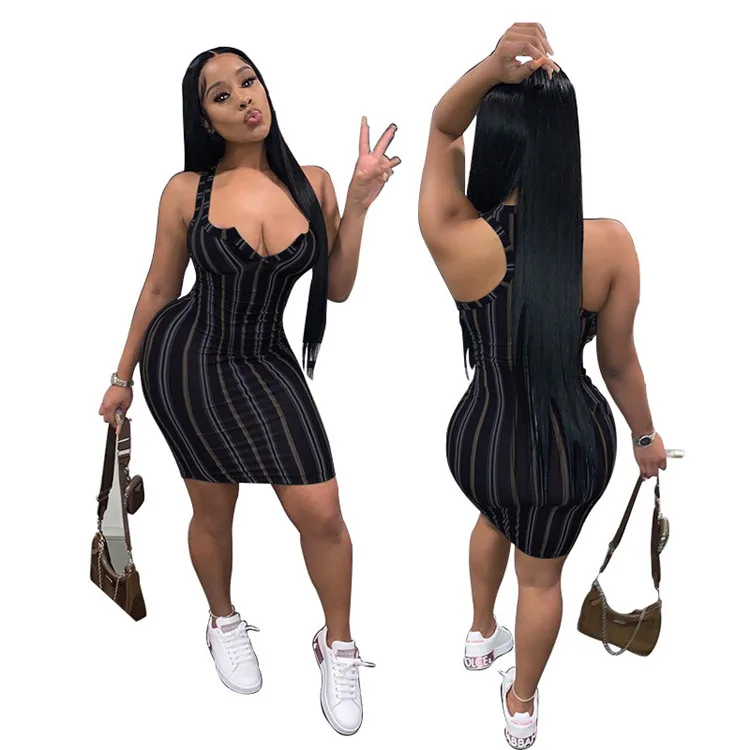 

2021 New Summer Ladies Print Stripe V Neck Sleeveless Casual Dress Women Sling Bodycon Dress Girls' Dresses, As picture