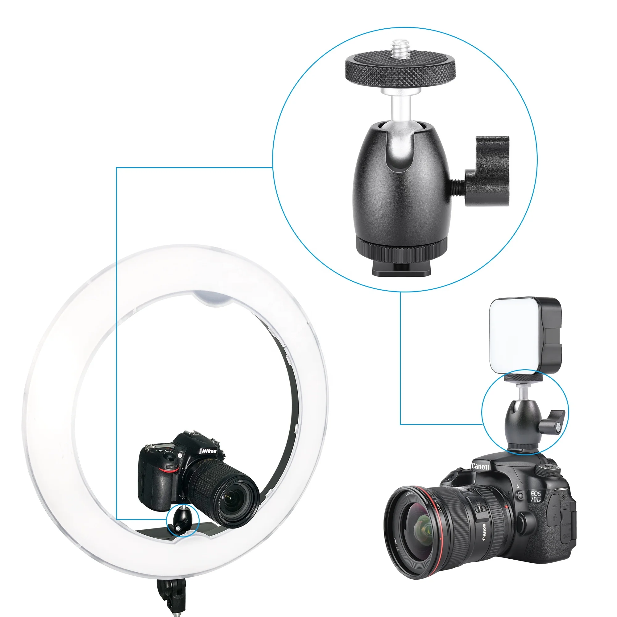 
Mini Ball Head 1/4 inch Screw with Lock and Hot Shoe Mount Adapter Compatible with LED Light,Ring Light,Load Up to 4.4 pounds/2 