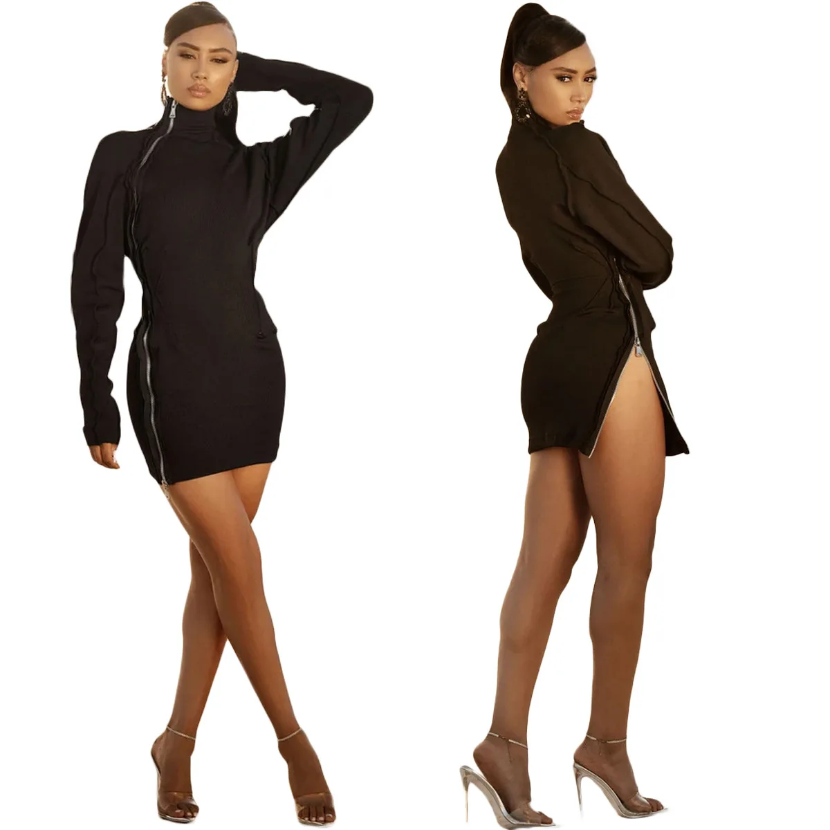 

2021 New Fashion Plus Size Women Side Zipper Mock Neck Black Sexy Long Sleeves Mini Dress Hot Sale Bodycon Skinny Club Dress