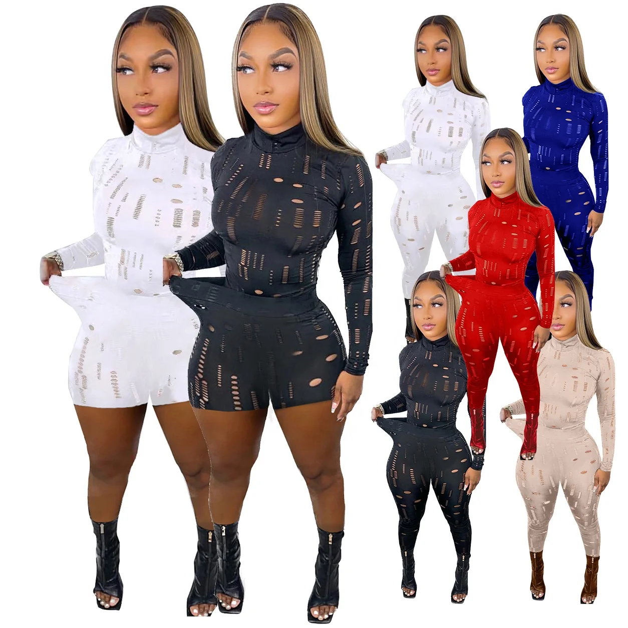 

Long Sleeves High Collar Two Piece Clothing Set Cut-out Fall Solid Color Sweat Pant Ladies 2 Pieces Clothing for Women, As picture or customized make