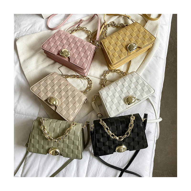 

Thick Chain Plaid Crossbody Handbag For Women Checkered Shoulder Bags Female Portable Travel Messenger Trapezoid Top-handle Bag