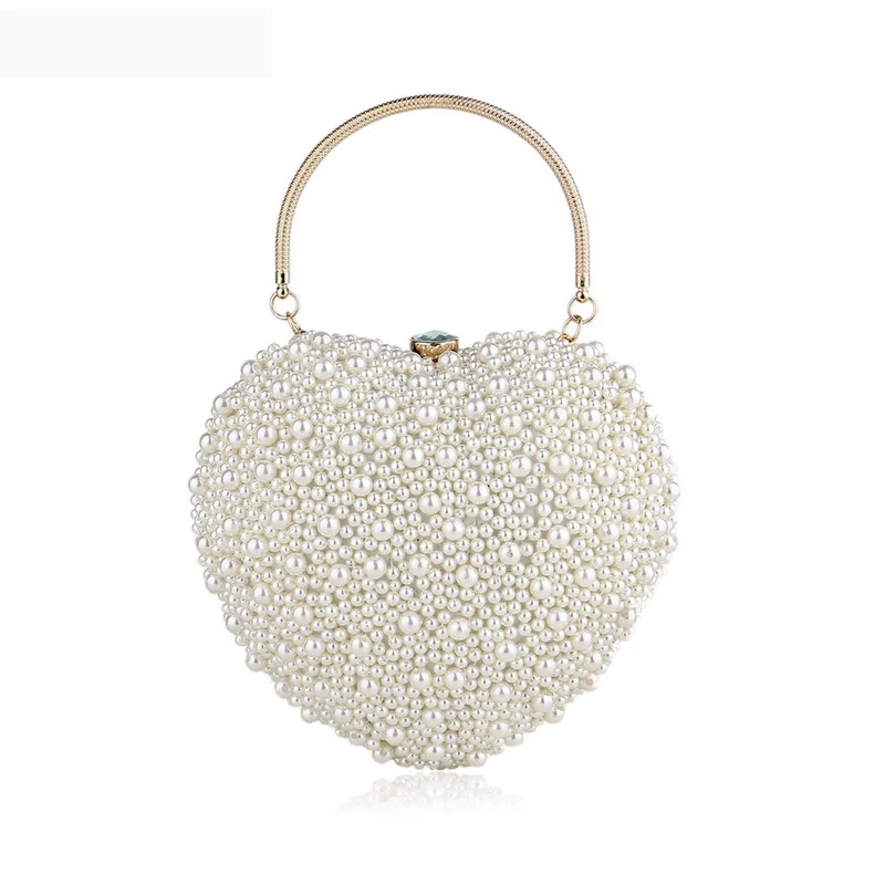 

Beading Women Evening Bags Party Dinner Dress Day Clutches Heart Female Small Shoulder Handbags Pearl Messenger side purse, White