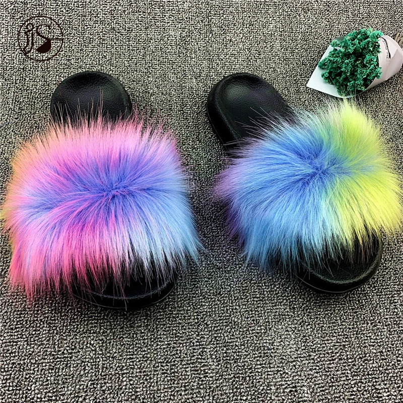 

Faux fox fur women slippers fluffy fashion lady slippers colorful fur slides women fashion slides footwear ladies slipper, Picture