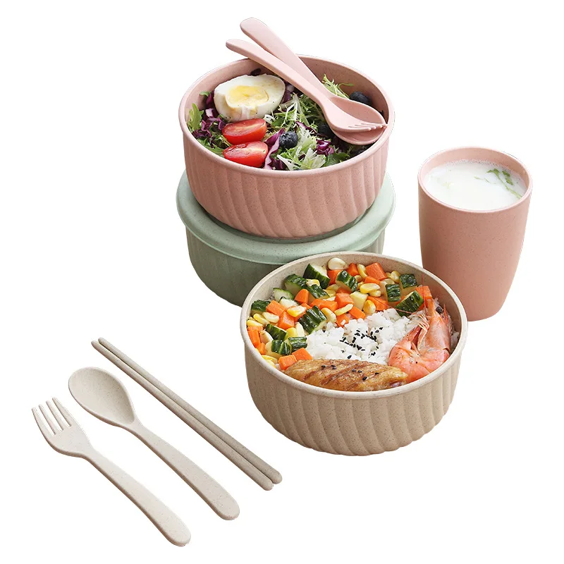 

Environmental friendly food grade keep fresh plastic bowl set with lid and spoon, Beige white, pink, blue, green
