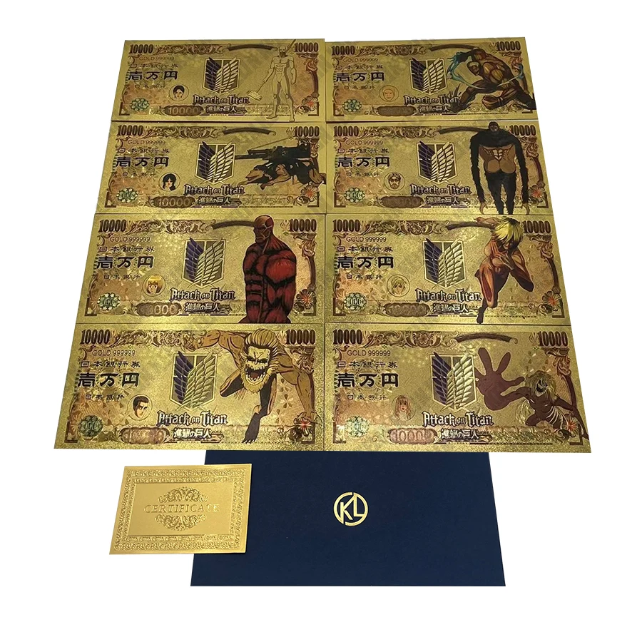 

Wholesale Double Sided Printing 10000 gold foil plated banknote Alan Attack On Titan Anime Cards Commemorative Banknote For Gift