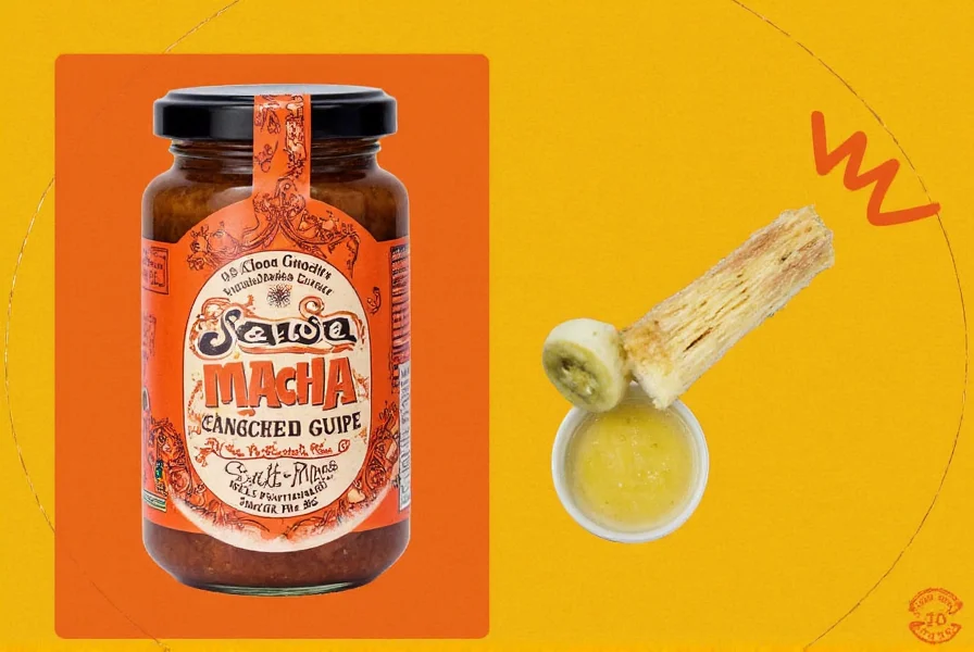 Jar of homemade salsa macha on a wooden table