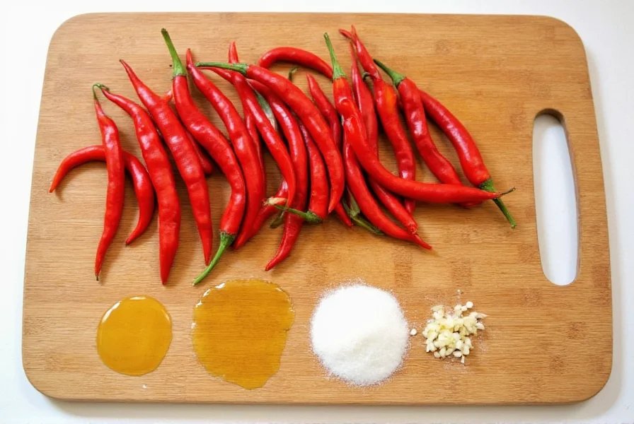 Fresh red chilies, garlic, vinegar, and sugar arranged on cutting board for homemade chili sauce recipe