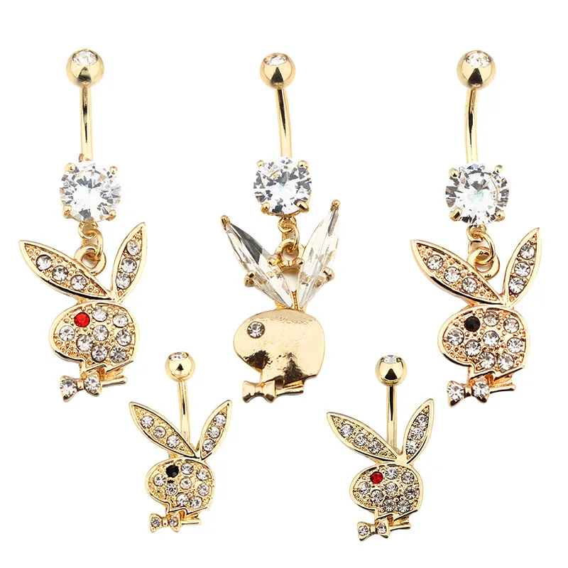 

Piercing BodyJewelry Gold Plated Surgical Steel Cartoon Rabbits Navel Ring 316l Stainless Steel Zircon Rabbit Belly Button Rings