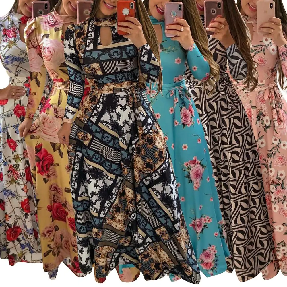 
Plus size women clothing floral print long sleeve casual maxi dresses 