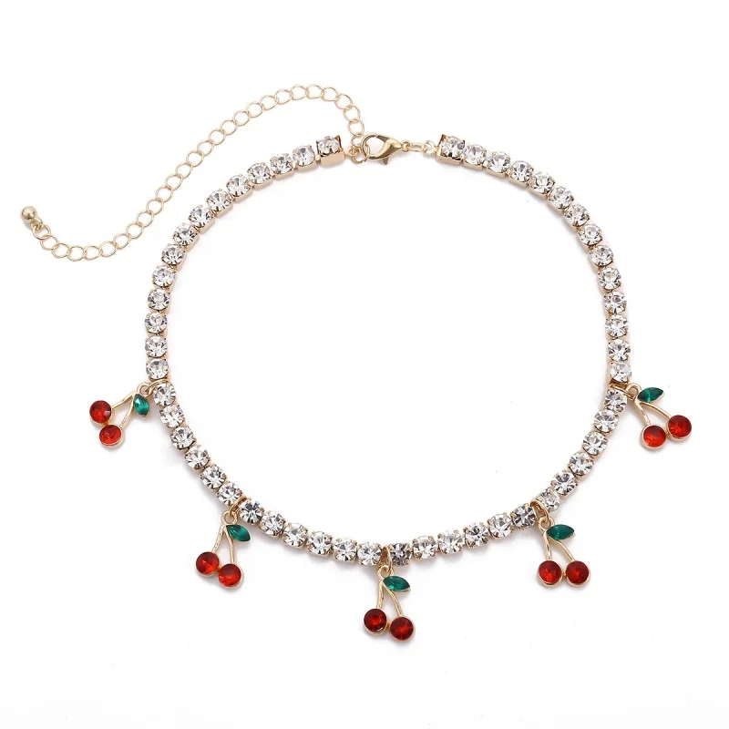 

Rhinestone Choker Necklace Cute Cherry Pendant Necklace For Women