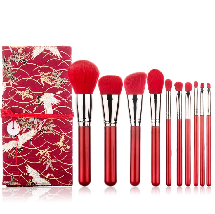 

High Quality Luxury Chinese Style 10PCS Christmas Red Cosmetic Makeup Brush Foundation Eyeshadow Blending Makeup Brush Set