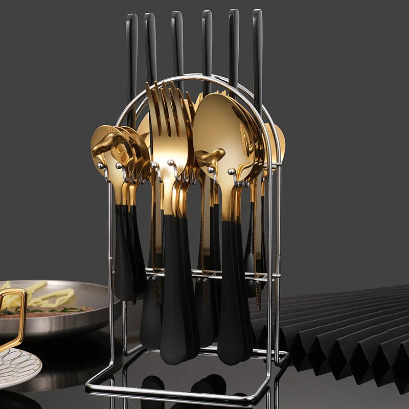 

Hanging Stainless Steel Spoon& Fork Knife set 24pcs Gold Cutlery Flatware Set With Stand