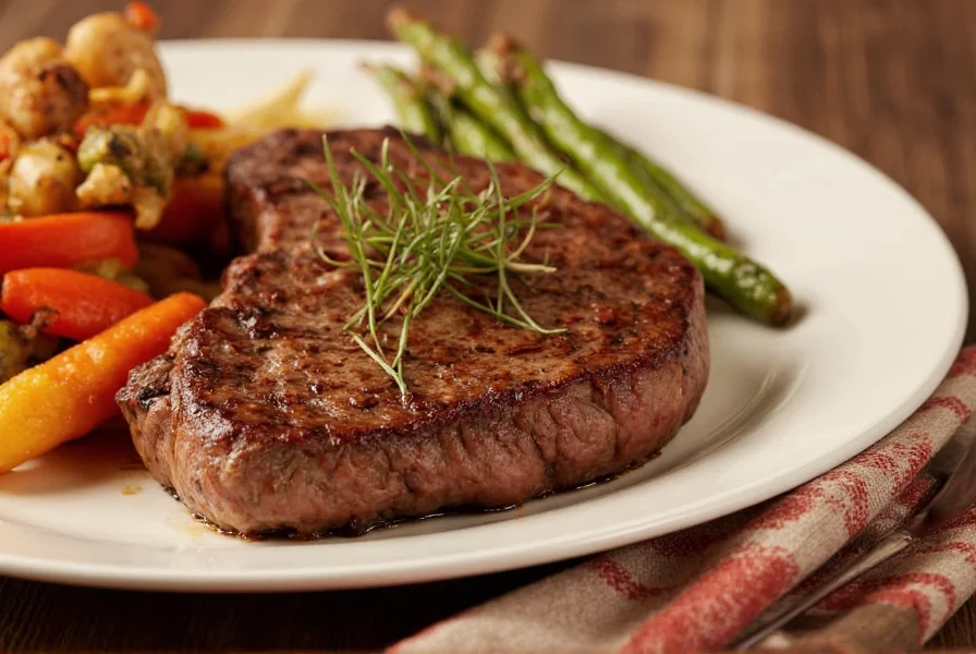 Close-up of The Pepper Club signature steak dish with seasonal vegetables