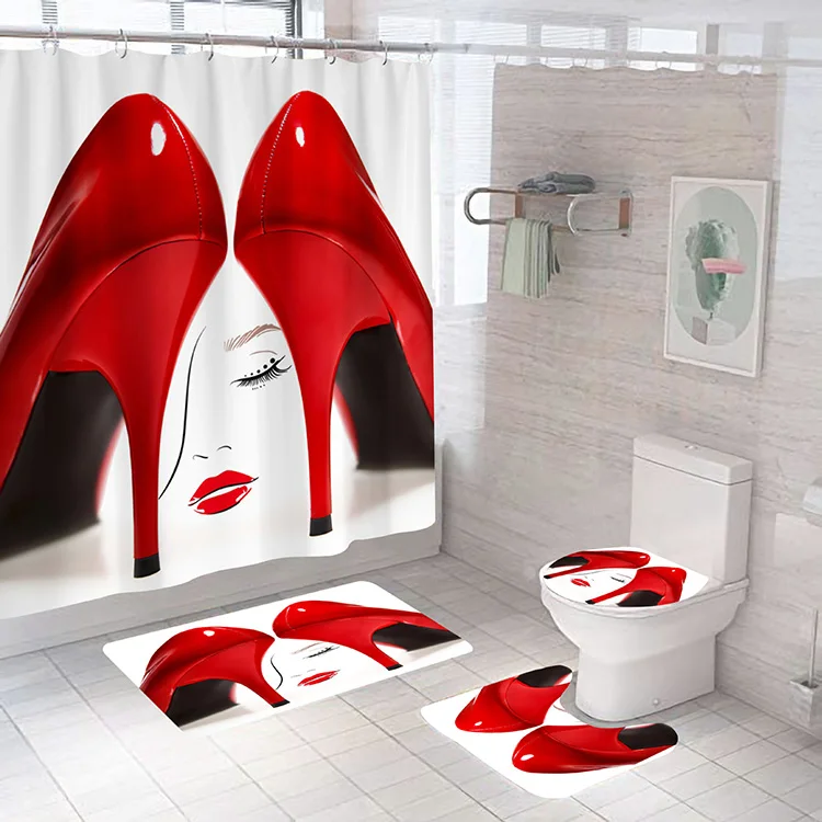 

High Heeled Shoes Glass Slipper Custom Print Cortina De La Ducha Luxury Bathroom Sets with Shower Curtain and Rugs