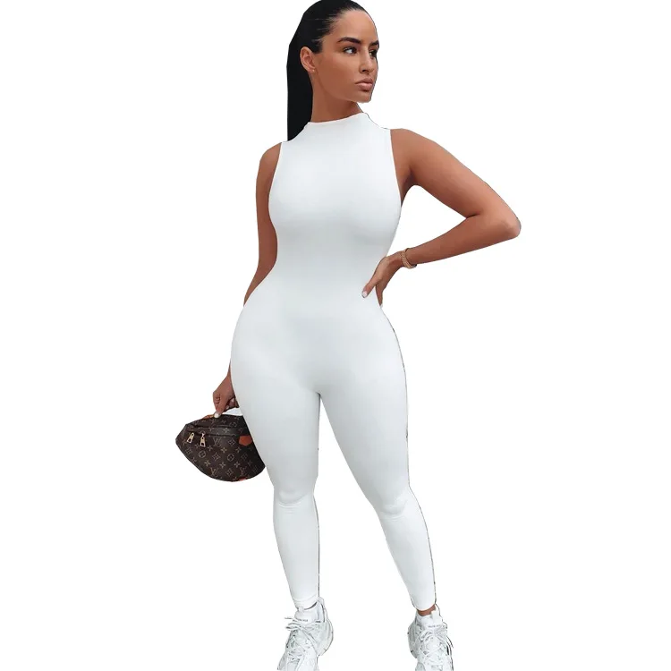 

F21603A 2021 IN STOCK Stretch jumpsuit sportswear sleeveless tight zipper women jumpsuit, White, black, gray, khaki, blue