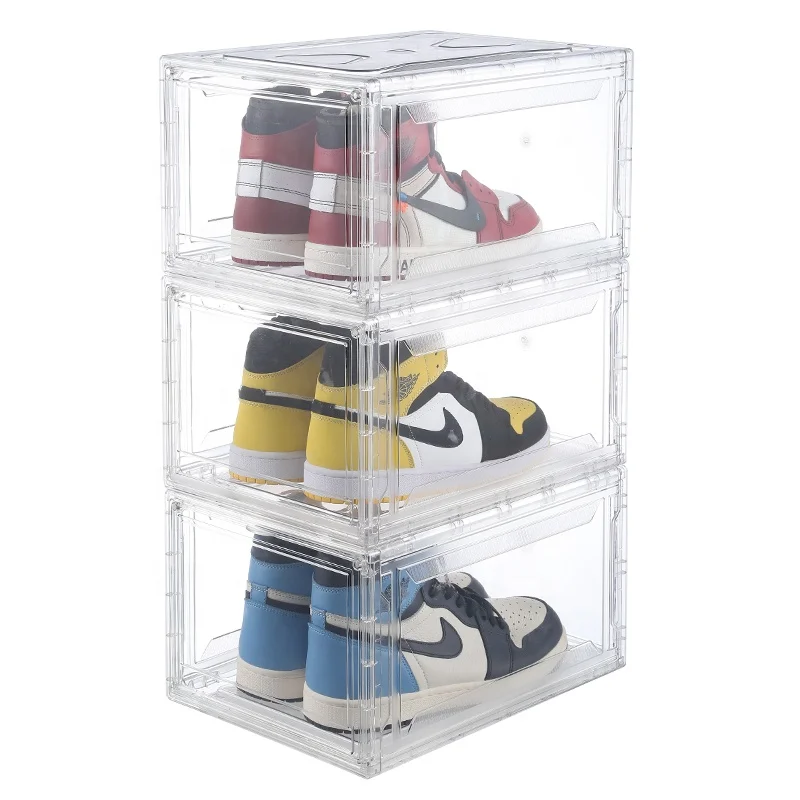 

Custom mildewproof strong stackable plastic shoe organizer Display Sneaker Drop Front StackableTransparent Shoe Storage Box, White black transparent