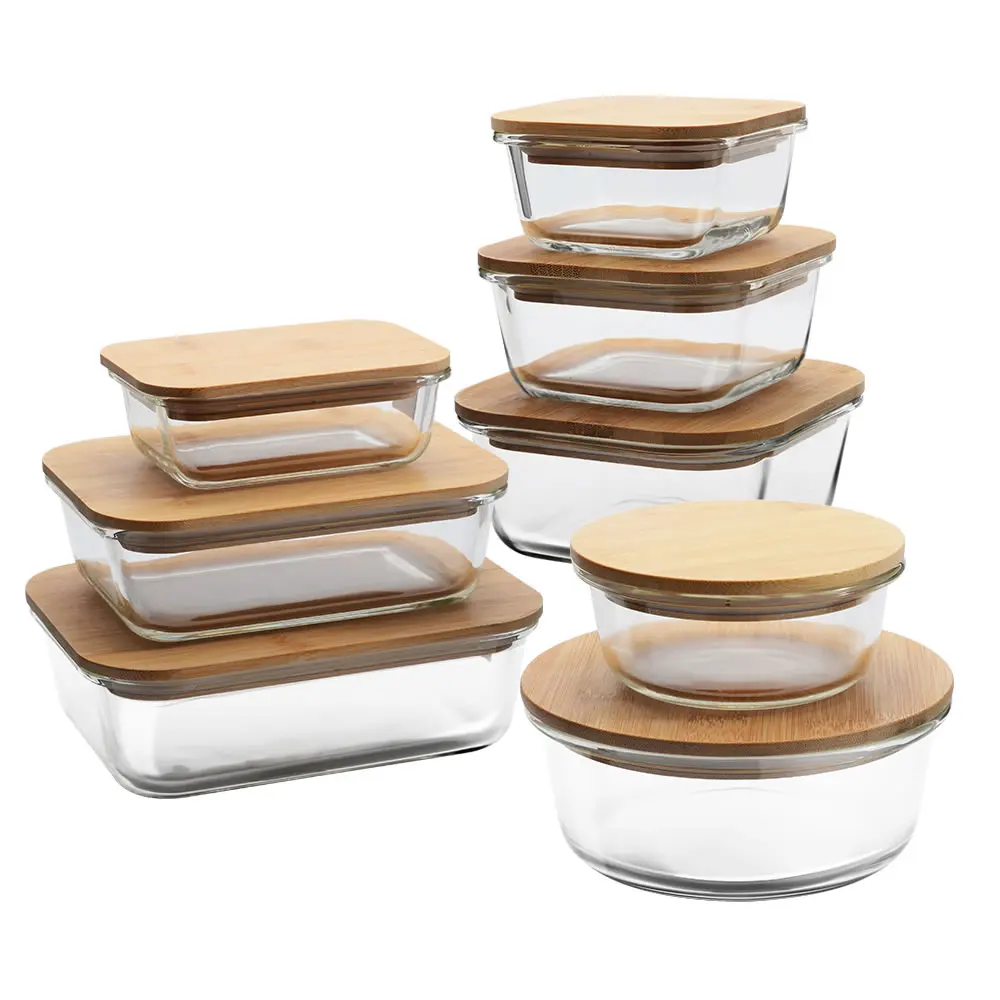 

Heat Resistant Microwavable Food Containers Food Meal Prep Containers With Bamboo Lid Wooden Glass Container