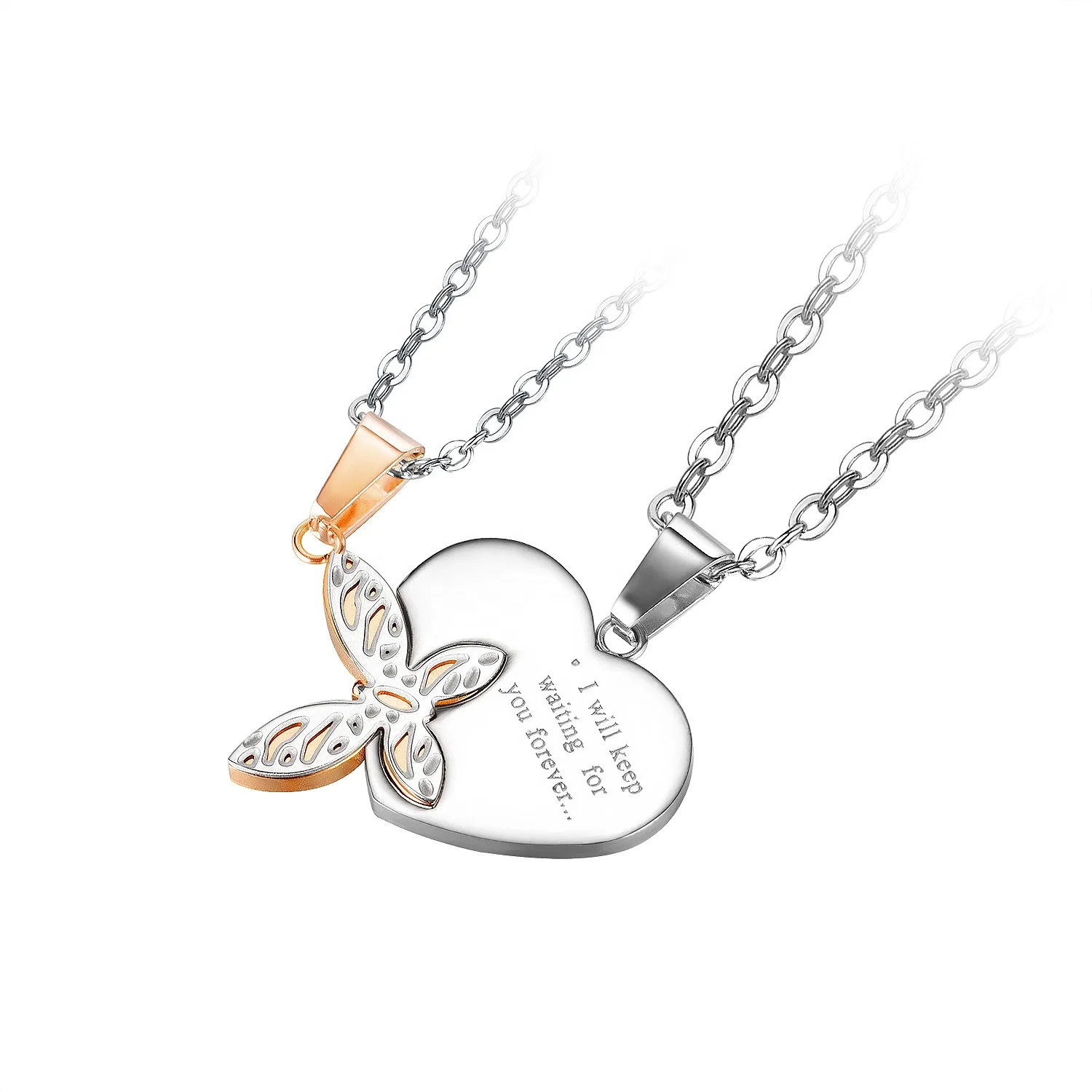 

I Will Keep Waiting You Forever Jewelry Butterfly Pendnat 316L Stainless Steel Couple Necklace, White, rose gold