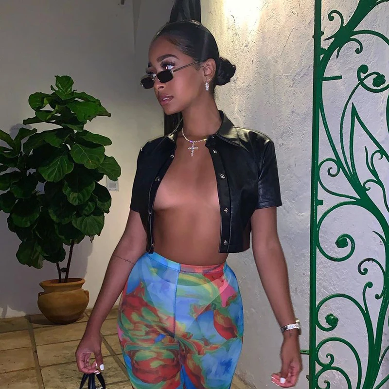 

2021 black sexy women turn-down collar short sleeve crop top leather shirt